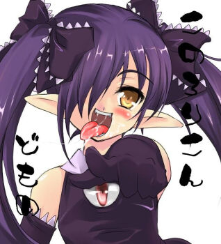 1girl ahegao artist_request backbeako_(torotei) blush bow child crazy detached_sleeves elbow_gloves eyeball fangs female_focus foreshortening gegege_no_kitarou gloves hair_bow hair_over_one_eye kono_lolicon_domome open_mouth original pointing pointy_ears purple_hair ribbon saliva simple_background solo third-party_edit tongue twintails yellow_eyes