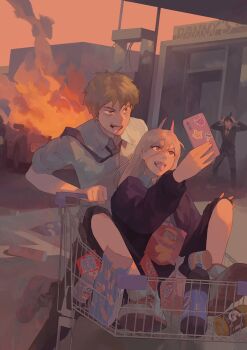 1girl 2boys beans black_hair black_necktie blonde_hair burning can candy cat chainsaw_man chips_(food) chips_ahoy! chocolate chocolate_bar collared_shirt denji_(chainsaw_man) fire food formal_clothes gatorade gun_sling hair_between_eyes hammer hands_on_own_head hayakawa_aki heinz highres holding holding_behind_back holding_phone holding_weapon_behind_back hood hoodie horns in_shopping_cart jacket katana kitkat lay&#039;s_(potato_chips) leonardo_vincent long_hair looking_at_another looking_at_object multiple_boys necktie open_mouth pepsi phone potato_chips power_(chainsaw_man) pringles pringles_can pushing_cart red_horns shirt shopping_cart short_hair soda suit surprised sword tongue tongue_out topknot weapon white_shirt yellow_eyes