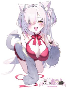 1girl :d animal_ear_fluff animal_ears arm_support asagi_yuna bare_shoulders bent_over blush bow bowtie breasts cardigan cat_ears cat_girl cat_tail chocolate cleavage collarbone commentary_request dress eyes_visible_through_hair fang food giving grey_cardigan grey_sweater hair_between_eyes hair_over_one_eye half-closed_eyes halter_dress halterneck hanging_breasts heart heterochromia highres holding holding_chocolate holding_food horns incoming_gift large_breasts leaning_forward long_hair long_sleeves looking_at_viewer mini_wings multicolored_hair mutou_amai off-shoulder_sweater off_shoulder open_cardigan open_clothes open_mouth purple_eyes red_bow red_bowtie red_dress ribbon short_dress simple_background sleeveless sleeveless_dress sleeves_past_wrists smile solo streaked_hair sweater tail two_side_up very_long_hair virtual_youtuber white_background white_hair white_wings wings yellow_eyes