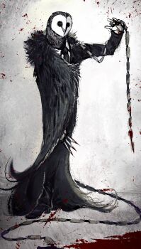 1boy animal_head beak black_coat black_eyes black_necktie black_shoes black_souls black_souls_2 blood chain claws coat commentary english_commentary fur_coat highres lorde_(black_souls) male_focus necktie owl_boy playwright_lorde shoes solo standing white_background zveen