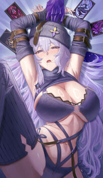 Rule 34 | 1girl, 1other, absurdres, arm warmers, armpits, black swan (honkai: star rail), bra, breasts, card, clothes lift, commentary request, felfia, hat, highres, honkai: star rail, honkai (series), large breasts, long hair, lying, navel, on back, panties, parted lips, purple arm warmers, purple bra, purple eyes, purple hair, purple hat, purple panties, purple sweater, purple thighhighs, solo focus, stomach, sweater, sweater lift, tarot, tarot card, thighhighs, thighs, underwear, very long hair