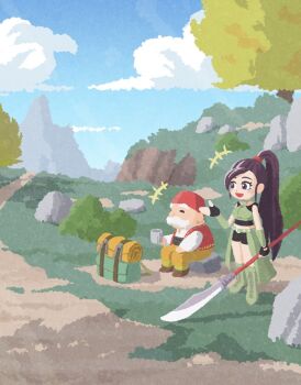 1boy 1girl backpack bag black_gloves black_shirt black_shorts boots breasts brown_boots cloud crop_top cup dragon_quest dragon_quest_xi facial_hair fez_hat fingerless_gloves gloves grass green_boots green_vest hair_tie hat highres holding holding_cup holding_polearm holding_weapon long_hair martina_(dq11) medium_breasts mustache old old_man open_mouth orange_pants outdoors pants pellrunks polearm ponytail purple_hair red_hat red_vest rock row_(dq11) shirt short_shorts shorts showgirl_skirt sitting smile standing tree vest weapon white_hair white_shirt