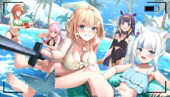 &gt;_&lt; 6+girls :d :o absurdres animal_ears ball barefoot battery_indicator beach beachball bikini black_bikini black_choker black_one-piece_swimsuit blonde_hair blue_bikini blue_eyes blue_nails blue_sky blush boomei_(nanashi_mumei) braid breasts cat_ears ceres_fauna chibi choker clock cloud collarbone commentary day death-sensei_(mori_calliope) disembodied_head dodging dollrys_(irys) ducking earrings english_commentary feather_earrings feathers feet fins fish_tail gawr_gura giraffe_fauna grin hair_ornament hairband hakos_baelz hakos_baelz_(rat) halloween_baelz heart heart_earrings highres holding holocouncil hololive hololive_english holomyth innertube irys_(hololive) jewelry kuutamo large_breasts medium_breasts mismatched_bikini mole mole_on_breast mori_calliope multiple_girls nail_polish nanashi_mumei navel ninomae_ina&#039;nis one-piece_swimsuit one_side_up open_mouth orange_eyes ouro_kronii outdoors palm_tree pink_eyes pink_hair pointy_ears ponytail propeller purple_hair sana_worm_(tsukumo_sana) selfie_stick shark_tail side_ponytail sky small_breasts smile smol_ame soles splashing stomach summer sunlight swim_ring swimsuit tail takanashi_kiara takanashi_kiara_(casual) tentacle_hair toenail_polish toenails toes tree tsukumo_sana tsukumo_sana_(1st_costume) twin_braids v viewfinder virtual_youtuber water water_gun watson_amelia wet white_hair white_hairband yatagarasu_(tsukumo_sana) yukkronii_(ouro_kronii)