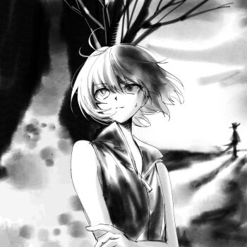 2others androgynous bare_arms bare_shoulders bare_tree chinese_commentary closed_mouth cloud coat coattails collared_shirt commentary commentary_request crossed_arms english_commentary enraku_tsubakura floating_hair greyscale hair_between_eyes hat high_collar highres ink len&#039;en long_shadow looking_ahead mixed-language_commentary monochrome multiple_others nervous_smile no_headwear no_jacket other_focus outdoors shirt shitodo_kuroji short_hair silhouette sleeveless sleeveless_shirt smile solo_focus sweatdrop top_hat tree upper_body wind yancao_(pixiv_103434280) zipper zipper_pull_tab