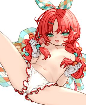 1girl arknights blush breasts commentary_request fang gloves green_eyes hair_ornament highres kochiya_(gothope) loli long_hair myrtle_(arknights) myrtle_(bustling_festival)_(arknights) navel paid_reward_available pointy_ears red_hair simple_background small_breasts solo spread_legs white_background white_gloves