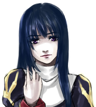 1girl black_dress blue_hair closed_mouth commentary_request dress expressionless lips long_hair looking_at_viewer portrait priest_(ragnarok_online) purple_eyes ragnarok_online simple_background solo toriria white_background