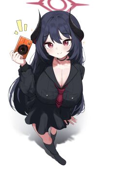 1girl absurdres alternate_breast_size_(larger) black_hair black_shirt black_shoes black_skirt black_socks blue_archive blush breasts camera chiaki_(blue_archive) cleavage closed_mouth commentary_request demon_girl demon_horns halo highres holding holding_camera horns kneehighs korean_commentary large_breasts lir_(cuhc3357) long_hair mixed-language_commentary necktie partial_commentary red_eyes red_halo red_necktie shirt shoes skirt smile socks solo