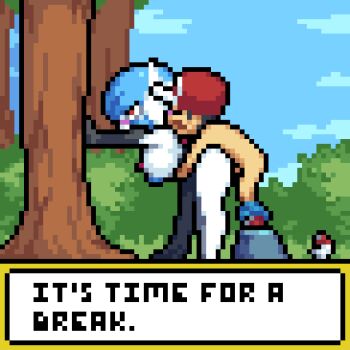 1boy 1girl against_tree animated animated_gif badcolor black_dress black_gloves blue_hair blue_nipples bouncing_ass bouncing_breasts breasts breasts_out clothed_female_nude_male colored_nipples colored_skin doggystyle dress elbow_gloves english_text gardevoir gen_3_pokemon gloves hetero interspecies leaning_forward nintendo nipples nude outdoors pixel_art pokemon red_eyes sex sex_from_behind shota size_difference tree white_skin