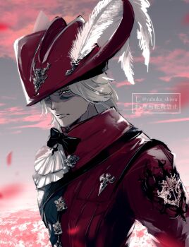 1boy ascot bicorne black_bow black_bowtie blonde_hair bow bowtie cat_boy closed_mouth coat commentary_request final_fantasy final_fantasy_xiv green_eyes hat hat_feather highres looking_at_viewer male_focus miqo'te plume red_coat red_hat red_mage_(final_fantasy) sky white_ascot x'rhun_tia yabuka_shiwa