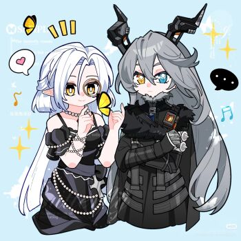 Rule 34 | ..., 2girls, bad source, bare shoulders, black coat, black dress, black fur, black horns, blue background, bug, butterfly, clenched hand, closed mouth, coat, commissioner insert, couple, crossed arms, dress, expressionless, frilled sleeves, frills, fur-trimmed coat, fur collar, fur trim, grey fur, grey hair, hair between eyes, hair ornament, hands up, heart, heterochromia, highres, horns, image sample, insect, jewelry, light smile, long hair, long horns, long sleeves, looking at animal, looking at viewer, looking down, looking to the side, monocle, multiple girls, necklace, oc x canon, off shoulder, orange eyes, original, pearl necklace, pointy ears, sample watermark, shade, short sleeves, speech bubble, spoken heart, star-shaped pupils, star (symbol), succii-sunbringer, sunbringer (zenless zone zero), symbol-shaped pupils, upper body, watermark, wavy hair, white hair, xiaohongshu id, xiaohongshu sample, xiaohongshu watermark, yuri, zenless zone zero
