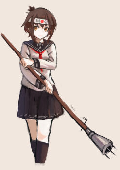 1girl absurdres black_socks brown_eyes brown_hair headband highres imperial_japanese_navy inazuma_(kancolle) kantai_collection long_sleeves looking_at_viewer lunge_mine military shirt socks solo white_shirt world_war_ii youotaku