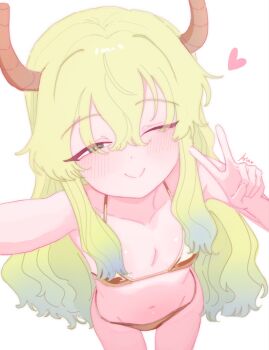 1girl ;) aged_down aria_(canuhearme) bare_shoulders bikini blonde_hair blue_hair blush breasts brown_bikini closed_mouth collarbone cowboy_shot dragon_girl dragon_horns foreshortening from_above gold_bikini gradient_hair green_eyes green_hair groin hair_between_eyes half-closed_eyes heart horns loli long_hair looking_at_viewer lucoa_(maidragon) miss_kobayashi's_dragon_maid multicolored_hair navel one_eye_closed reaching reaching_towards_viewer selfie sidelocks simple_background slit_pupils small_breasts smile solo standing stomach swimsuit unusually_open_eyes v very_long_hair wavy_hair white_background yellow_pupils
