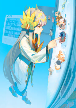 1other 6+girls absurdres ambiguous_gender arknights artist_name astgenne_(arknights) boots brown_hair chibi coat commentary_request dated doctor_(arknights) dorothy_(arknights) fisheye from_side highres ifrit_(arknights) lab_coat laurel_crown long_hair lyuqiu magallan_(arknights) mayer_(arknights) muelsyse_(arknights) multiple_girls orange_eyes pointing pointing_at_another ptilopsis_(arknights) rhine_lab_(arknights) rhine_lab_logo saria_(arknights) signature silence_(arknights) solo_focus sweatdrop vending_machine very_long_hair white_coat