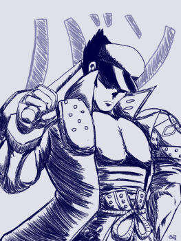 Rule 34 | 1boy, armor, bahn, blake oswald, clenched hand, fighting vipers, fingerless gloves, frown, gloves, hat, hat over eyes, hidden eyes, highres, jacket, japanese text, monochrome, muscular, muscular male, open clothes, open jacket, sega, shoulder armor