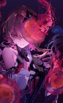 1girl black_flower black_gloves blood blood_on_hands commentary dress evernight_(honkai:_star_rail) fingernails flower gloves hair_between_eyes hair_flower hair_ornament highres honkai:_star_rail honkai_(series) jellyfish layered_dress lei_(yamada4173) long_hair march_7th_(honkai:_star_rail) pink_hair red_eyes red_flower single_bare_shoulder solo upper_body very_long_hair