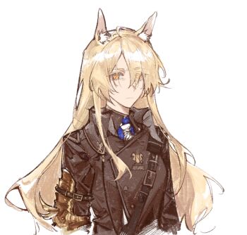 1girl animal_ear_fluff animal_ears arknights black_jacket blonde_hair buckle gauntlets genderswap genderswap_(mtf) haishen_miwang_de_jiyi horse_ears horse_girl jacket long_hair mlynar_(arknights) necktie orange_eyes shoulder_strap solo upper_body very_long_hair white_background white_necktie