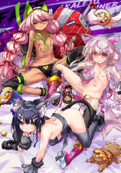 3girls all_fours animal_ear_fluff animal_ears animal_hands animal_hood ass asymmetrical_legwear bead_bracelet bead_necklace beads bikini black_bikini black_hair black_thighhighs blue_ribbon blush bracelet braid breasts brown_eyes cat_ears cat_hood cat_tail chloe_von_einzbern chloe_von_einzbern_(swimsuit_avenger)_(second_ascension) coat commentary_request dark-skinned_female dark_skin detached_leggings detached_sleeves double_bun fake_animal_ears fate/grand_order fate/kaleid_liner_prisma_illya fate_(series) feather_hair_ornament feathers flower gloves grey_gloves grey_thighhighs hair_bun hair_flower hair_ornament hair_ribbon hairband hairclip hood illyasviel_von_einzbern illyasviel_von_einzbern_(swimsuit_archer) illyasviel_von_einzbern_(swimsuit_archer)_(third_ascension) jewelry licking_lips loli long_hair long_sleeves looking_at_viewer low_twin_braids magical_ruby magical_sapphire miyu_edelfelt miyu_edelfelt_(beast_style) ms06s multiple_girls navel neck_ribbon necklace nipples open_clothes open_mouth orange_eyes paw_gloves paw_shoes pink_bikini pink_hair raincoat red_eyes ribbon see-through_clothes see-through_coat sidelocks small_breasts smile stuffed_animal stuffed_toy suitcase swimsuit tail teddy_bear thighhighs tongue tongue_out topless_female twin_braids twintails two-tone_legwear untied_bikini white_hair
