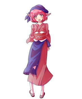 1girl alphes_(style) animal_ears apron arms_behind_back bird_ears blue_apron blush brown_kimono brown_sandals commentary_request dairi earrings full_body hat highres japanese_clothes jewelry kimono large_variant_set mystia_lorelei no_wings obi okamisty parody pink_hair sandals sash short_hair socks solo standing style_parody tachi-e tasuki touhou transparent_background variant_set white_socks