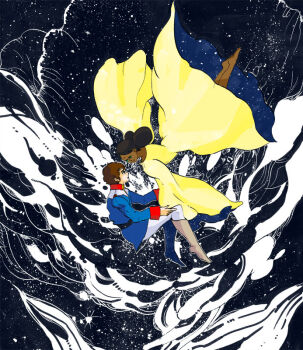 1boy 1girl amuro_ray barefoot bindi black_eyes black_hair boots brown_hair couple dark_skin dress green_eyes gundam hetero hirasawa lalah_sune military military_uniform mobile_suit_gundam space