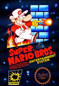 1boy blue_eyes brown_hair facial_hair fire fire_mario fireball full_body gloves grin hat highres looking_at_viewer mario mario_(series) mustache nintendo overalls running smile super_mario_bros._1