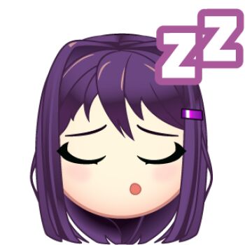 1girl artist_request chibi chibi_only closed_eyes doki_doki_literature_club emoji facing_viewer hair_ornament hairclip long_hair long_sidelocks lowres official_art open_mouth portrait purple_hair sidelocks sleeping solo yuri_(doki_doki_literature_club) zzz
