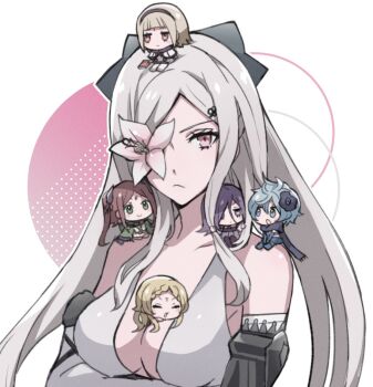 3ch_ 6+girls antenna_hair bare_shoulders black_bow black_hairband blonde_hair blue_eyes blue_flower blue_gloves blue_hair blue_legwear blue_scarf book bow braid breasts brown_hair capelet choker cleavage commentary_request drag-on_dragoon drag-on_dragoon_3 dress elbow_gloves facial_mark five_(drag-on_dragoon) flower flower_over_eye forehead_mark four_(drag-on_dragoon) fur-trimmed_capelet fur-trimmed_gloves fur_trim gloves green_eyes green_jacket hair_between_eyes hair_bow hair_flower hair_ornament hairband hairclip highres jacket long_hair messy_hair miichinori mini_person minigirl mole mole_under_eye multiple_girls one_(drag-on_dragoon) prosthesis prosthetic_arm purple_dress purple_eyes purple_hair red_eyes ribbon_choker roman_numeral scarf short_hair smile three_(drag-on_dragoon) two_(drag-on_dragoon) two_side_up white_background white_capelet white_hair white_legwear x_hair_ornament zero_(drag-on_dragoon)