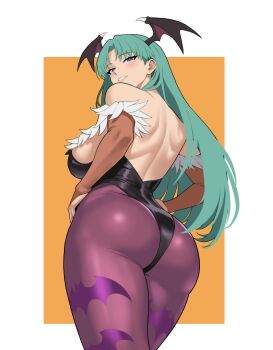 1girl absurdres animal_print ass back bat_print black_leotard breasts bridal_gauntlets commentary darkstalkers demon_wings english_commentary green_eyes green_hair hands_on_own_hips head_wings highres large_breasts leotard looking_at_viewer looking_back morrigan_aensland pantyhose pink_pantyhose print_pantyhose smile solo strapless strapless_leotard tsu.toxine wings