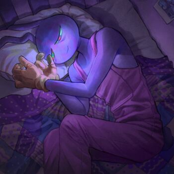 1boy almostcasey animal_ears blue_eyes colored_sclera commentary furry furry_male gloves glowing glowing_eyes green_eyes green_sclera hashtag-only_commentary highres jax_(the_amazing_digital_circus) lying male_focus on_bed on_side overalls photo_(object) pillow rabbit_boy rabbit_ears red_pupils smile solo the_amazing_digital_circus yellow_gloves