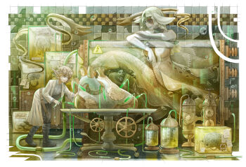 2girls bent_over black_boots black_pants boots border brain breasts closed_mouth collared_shirt commentary commentary_request crack english_commentary fantasy goggles goggles_on_head heart_(organ) highres holding holding_test_tube indoors lab_coat lapels large_breasts layered_sleeves lenta long_sleeves looking_at_another mermaid military_vehicle mixed-language_commentary monster_girl motor_vehicle multiple_girls notched_lapels open_clothes original pants pointy_ears shirt short_hair smile standing stitched_arm stitched_torso stitches tank test_tube tile_wall tiles white_border white_hair white_shirt