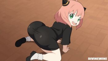 1girl :d all_fours animated animated_gif anya_(spy_x_family) artist_name ass ass_shake black_dress bouncing_ass divine_wine_(vampiranhya) dress green_eyes huge_ass kyojiri_loli loli looking_at_viewer looking_back on_hands_and_knees open_mouth oversized_clothes oversized_shirt pink_hair shirt short_hair smile solo source_request spy_x_family