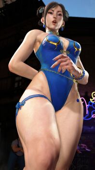 1girl 3d :o alternate_costume bare_legs bare_shoulders blue_one-piece_swimsuit bracelet breasts brown_eyes brown_hair capcom chun-li curvy double_bun eyelashes hair_bun highleg highleg_one-piece_swimsuit highres jewelry large_breasts lips looking_at_viewer official_alternate_costume one-piece_swimsuit open_mouth parted_lips shiny_skin solo standing street_fighter street_fighter_6 swimsuit thighlet third-party_edit thong_one-piece_swimsuit wide_hips