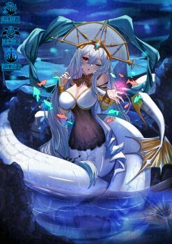 1girl absurdres adversarial_noise arknights armband bare_shoulders blowing_kiss blue_gem blush bracelet breasts cleavage commentary_request covered_navel dalachi_(headdress) fins fish gem genkyopainting hair_between_eyes heart highres jewelry large_breasts long_hair long_sidelocks looking_at_viewer low-tied_long_hair mermaid monster_girl monsterification multiple_wings night on_rock one_eye_closed open_hand open_mouth outstretched_hand partially_submerged red_eyes scales see-through_clothes seraph sidelocks sitting skadi_(arknights) sky solo star_(sky) starry_sky tropical_fish watermark white_hair white_tail wings