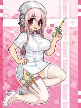 Rule 34 | 1girl, belt, buttons, character name, commentary, dress, english commentary, hat, headphones, heart, high heels, highres, holding, holding syringe, kneeling, looking at viewer, nitroplus, nurse, nurse cap, open mouth, pink belt, pink eyes, pink hair, pink theme, plushvampy, smile, solo, super sonico, syringe, teeth, upper teeth only, white dress