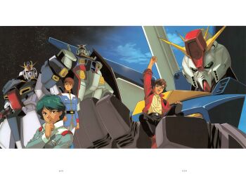 1980s_(style) 1990s_(style) 3boys absurdres aeug amuro_ray beam_cannon belt blue_hair brown_hair earth_federation gundam gundam_zz highres judau_ashta kamille_bidan kitazume_hiroyuki magazine_scan mecha military_uniform mobile_suit mobile_suit_gundam multiple_boys official_art oldschool retro_artstyle robot scan science_fiction shield traditional_media v-fin zeta_gundam