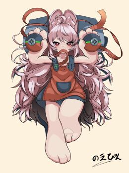 1girl ahoge animal_ear_fluff animal_ears animal_feet animal_hands animal_nose arms_up barefoot blue_dress commentary_request dress feet furry furry_female highres holding long_hair looking_at_viewer lying messy_hair mouth_hold noepin00 on_back pillow pink_hair rabbit_ears rabbit_girl red_dress red_eyes red_ribbon ribbon short_dress solo two-tone_dress very_long_hair zenless_zone_zero zhao_(zenless_zone_zero)