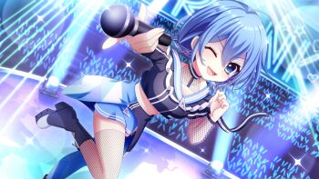 1girl ;d ahoge audience black_boots black_shirt black_skirt blue_hair blue_skirt blue_thighhighs boots breasts character_name clenched_hand collarbone concert crop_top dot_nose double-parted_bangs dutch_angle earrings film_grain fishnet_sleeves fishnet_thighhighs fishnets floating_earrings game_cg glowstick hand_up heart holding holding_microphone index_finger_raised izumi_tsubasu jewelry lens_flare looking_at_viewer medium_breasts microphone midriff mismatched_thighhighs nakano_rinka neon_lights non-web_source official_art one_eye_closed open_mouth outstretched_arm platform_boots re:stage! see-through_clothes see-through_skirt shadow shirt short_hair showgirl_skirt skirt smile solo sparkle stage stage_lights standing standing_on_one_leg thighhighs