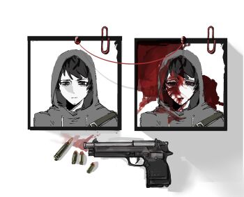 1boy black_eyes black_hair black_sclera blood blood_on_clothes blood_on_face blood_on_wall bullet c1grhin colored_sclera cry_of_fear drop_shadow grey_hoodie gun highres hood hood_up hoodie implied_suicide light_frown male_focus multiple_views paperclip photo_inset portrait_(object) red_eyes shell_casing simon_henriksson solo strap string string_of_fate upper_body weapon