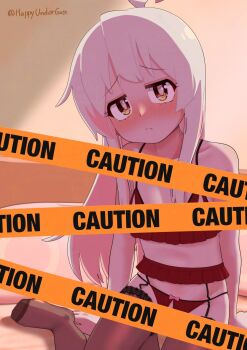 1girl ahoge artist_name bare_shoulders black_garter_straps black_thighhighs blush bow bow_panties bra brown_eyes caution_tape censored collarbone commentary crotchless crotchless_panties embarrassed frilled_bra frills frown garter_straps happyundergate highres lace lace-trimmed_thighhighs lace_trim lingerie loli long_hair looking_at_viewer nipple_cutout onii-chan_wa_oshimai! oyama_mahiro paid_reward_available panties pink_bow pink_hair red_bra red_garter_belt red_panties sidelocks sitting solo tape_censor thighhighs twitter_username underwear underwear_only very_long_hair yokozuwari