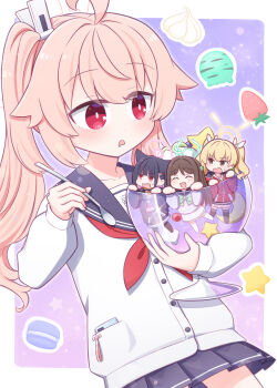 Rule 34 | 4girls, :d, after-school sweets club (blue archive), ahoge, airi (blue archive), animal ears, black hair, black pantyhose, black thighhighs, blonde hair, blue archive, blue sailor collar, blue skirt, brown hair, cardigan, cat ears, cat girl, colored inner hair, commentary request, extra ears, food, green halo, hair ornament, hairclip, halo, harada (sansei rain), highres, holding, holding spoon, jacket, kazusa (blue archive), long hair, long sleeves, mini person, minigirl, miniskirt, multicolored hair, multiple girls, natsu (blue archive), neckerchief, open mouth, pantyhose, pink hair, pink halo, pink skirt, pleated skirt, red eyes, red jacket, red neckerchief, sailor collar, side ponytail, skirt, smile, spoon, thighhighs, twintails, two-tone hair, white cardigan, white skirt, white thighhighs, yellow halo, yoshimi (blue archive)