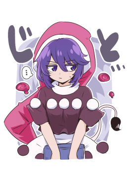 1girl blob book closed_mouth doremy_sweet dream_soul dress hat holding holding_book multicolored_dress nightcap nightgown pom_pom_(clothes) purple_eyes purple_hair red_hat shio_(futatsumami) short_hair short_sleeves simple_background solo speech_bubble tail tapir_tail touhou white_background