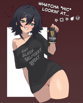 1girl absurdres anb_(anb_draws) beer_can black_nails black_shirt blush borrowed_character bottomless breasts brown_background can clothes_writing collarbone cropped_legs drink_can drooling drunk english_text guinness_(beer) highres holding holding_can large_breasts looking_at_viewer mouth_drool original pussy pussy_juice shirt short_hair_with_long_locks simple_background single_off_shoulder smile solo squeans t-shirt two-tone_background white_background