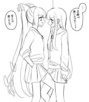 2girls alternate_costume blush bow commentary_request eye_contact fujiwara_no_mokou greyscale hair_bow hand_in_pocket highres houraisan_kaguya long_hair long_sleeves looking_at_another monochrome multiple_girls open_mouth pleated_skirt school_uniform shirt sketch skirt sleeves_rolled_up smile speech_bubble sweatdrop tamiko_(tamik0224) touhou translation_request very_long_hair yuri