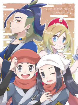 2boys 2girls absurdres adaman_(pokemon) akari_(pokemon) anniversary black_hair blue_eyes blue_hair border brown_eyes brown_hair commentary_request earrings egasumi hat headscarf highres irida_(pokemon) jewelry long_hair looking_at_viewer multiple_boys multiple_girls nintendo one_eye_closed open_mouth pokemon pokemon_legends:_arceus ponytail red_hat red_scarf rei_(pokemon) scarf shio25 smile white_border