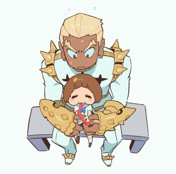 Rule 34 | 1boy, 1girl, animated, animated gif, apple, apple peel, blonde hair, blue neckerchief, blush stickers, closed mouth, dark-skinned male, dark skin, deformed, eating, food, from above, fruit, gamagoori ira, hetero, jacket, kill la kill, looping animation, mankanshoku mako, neckerchief, no nose, peeling, qin (7833198), short hair, simple background, sitting, size difference, v-shaped eyebrows, white background, white jacket