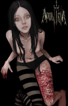1girl alice:_madness_returns alice_liddell_(american_mcgee&#039;s_alice) american_mcgee&#039;s_alice asymmetrical_clothes black_hair bleeding blood blood_on_hands breasts choker from_above green_eyes gw4ll1 hair_over_shoulder highres knees_together_feet_apart long_hair looking_at_viewer nipple_piercing no_shirt panties parted_lips piercing pigeon-toed self-harm sidelocks single_pantsleg sitting solo sparkling_eyes thigh_cutting underwear variant_set very_long_hair wide-eyed