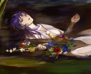 1boy commentary english_commentary feather_necklace fine_art_parody flower genshin_impact highres holding holding_flower in_water jewelry long_hair looking_at_viewer male_focus necklace one_eye_closed ophelia_(painting) parody purple_hair renyupa scaramouche_(genshin_impact) scaramouche_(kabukimono)_(genshin_impact) wet wet_hair