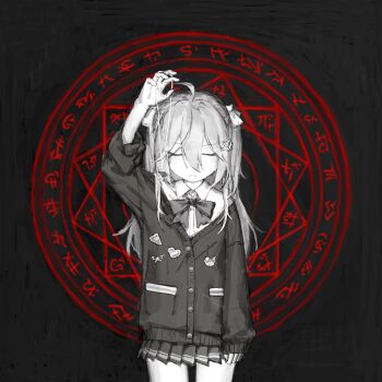 1girl absurdres after_dark_(mr._kitty) cardigan closed_eyes closed_mouth commentary english_commentary evil_neuro-sama greyscale_with_colored_background hair_between_eyes highres holding holding_jewelry holding_necklace jewelry long_hair necklace neuro-sama pleated_skirt skirt solo vedal_ai virtual_youtuber yziua