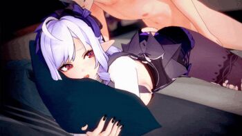 1boy 1girl 3d :o ahoge animated animated_gif ass black_nail_polish black_nails blanket blinking blue_pillow blush breast_press breasts closed_mouth clothed_female_nude_male diamond-shaped_pupils diamond_(shape) dress drill_hair elf eyebrows_hidden_by_hair gothic_lolita gradient_eyes gradient_hair grey_hair half-closed_eyes headdress hetero hugging_object indoors legs lolita_fashion long_hair long_sleeves looking_at_another looking_to_the_side lying medium_breasts multicolored_eyes multicolored_hair nail_polish nipples nude on_bed on_stomach one_eye_closed open_clothes open_mouth pantyhose pillow pillow_hug pointy_ears purple_eyes purple_hair raised_eyebrows red_eyes sex sex_from_behind shinaosumata sideboob sidelocks smile spread_legs streaked_hair swept_bangs symbol-shaped_pupils thighs tongue torn_clothes torn_pantyhose vignetting vivian_banshee white_hair wink winking_(animated) wise_(zenless_zone_zero) zenless_zone_zero