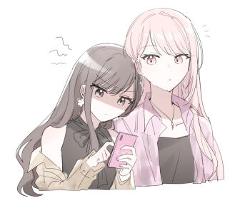 1girl 1other akiyama_mizuki black_shirt brown_eyes brown_hair cellphone closed_mouth collared_shirt commentary cropped_torso earrings flower_earrings hair_down hands_up holding holding_phone jewelry kaesmedubu layered_clothes leaning_on_person long_hair long_sleeves looking_at_another necklace notice_lines official_alternate_costume official_alternate_hairstyle open_clothes open_shirt phone pink_eyes pink_hair pink_shirt project_sekai shinonome_ena shirt simple_background smartphone symbol-only_commentary white_background zozotown