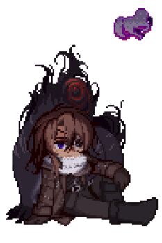 1boy black_pants brown_coat brown_gloves brown_hair coat dullahan_(project_moon) gloves hand_up heathcliff_(project_moon) knee_up limbus_company long_hair mercuryhx pants pixel_art project_moon purple_eyes scarf sitting solo translation_request white_scarf wuthering_heights_(identity)_(project_moon)